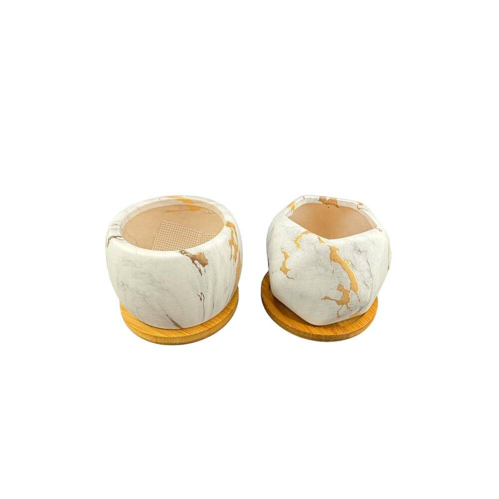 Stoneware Marble Finish White Gold Gray Small Succulent Pots Set of 2